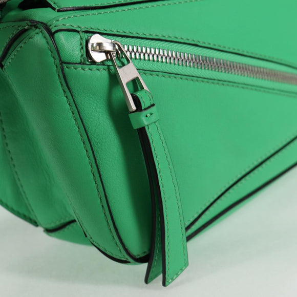 LOEWE Anagram Puzzle Body Bag Leather Green Silver Auth 133192M