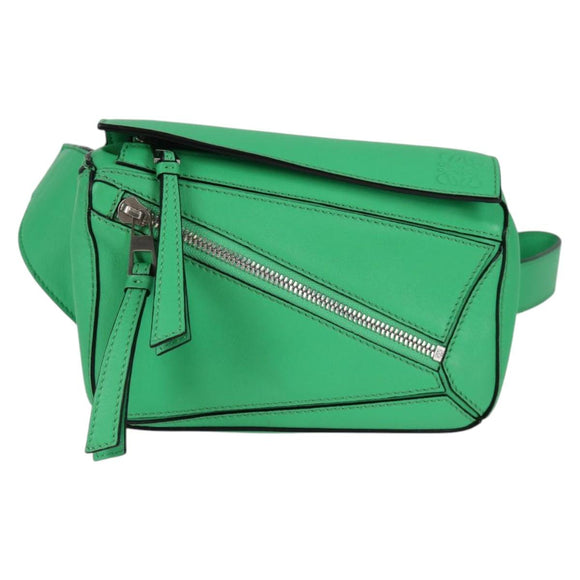 LOEWE Anagram Puzzle Body Bag Leather Green Silver Auth 133192M