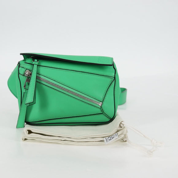 LOEWE Anagram Puzzle Body Bag Leather Green Silver Auth 133192M