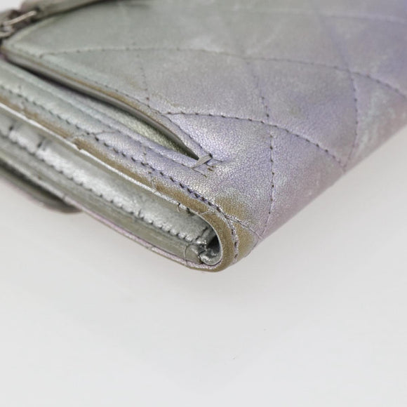 CHANEL Matelasse COCO Mark Bifold Wallet Lamb Skin Silver CC Auth 133240A