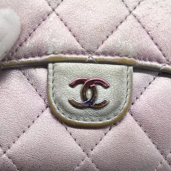 CHANEL Matelasse COCO Mark Bifold Wallet Lamb Skin Silver CC Auth 133240A