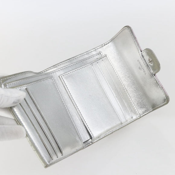 CHANEL Matelasse COCO Mark Bifold Wallet Lamb Skin Silver CC Auth 133240A