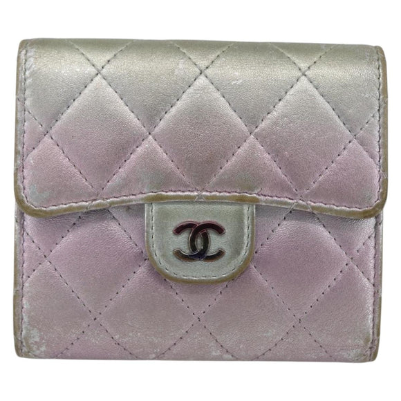 CHANEL Matelasse COCO Mark Bifold Wallet Lamb Skin Silver CC Auth 133240A