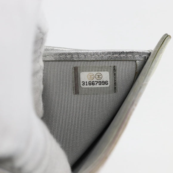 CHANEL Matelasse COCO Mark Bifold Wallet Lamb Skin Silver CC Auth 133240A