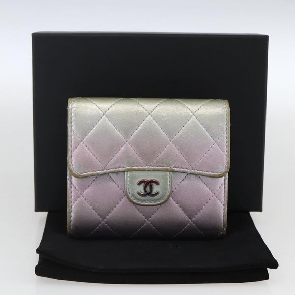 CHANEL Matelasse COCO Mark Bifold Wallet Lamb Skin Silver CC Auth 133240A