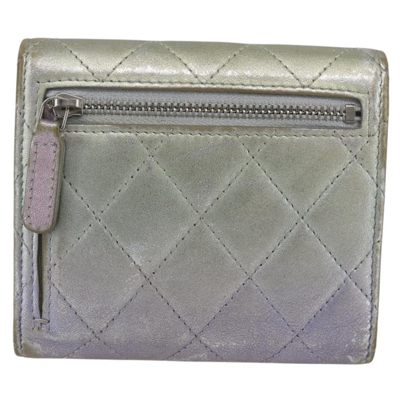 CHANEL Matelasse COCO Mark Bifold Wallet Lamb Skin Silver CC Auth 133240A
