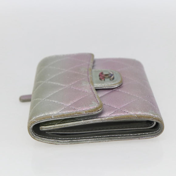 CHANEL Matelasse COCO Mark Bifold Wallet Lamb Skin Silver CC Auth 133240A