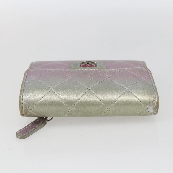 CHANEL Matelasse COCO Mark Bifold Wallet Lamb Skin Silver CC Auth 133240A