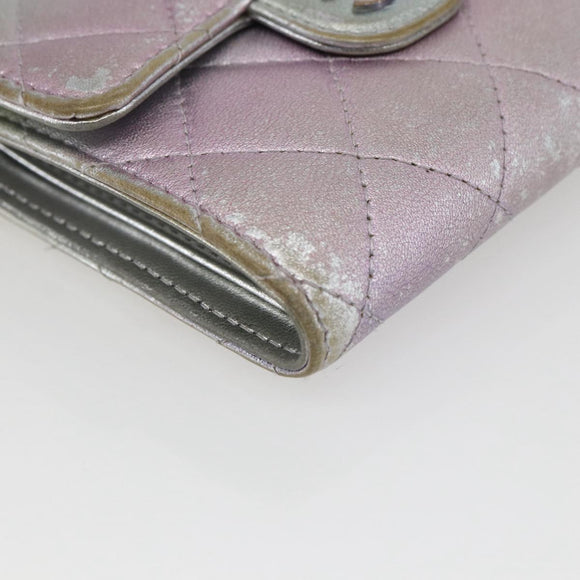 CHANEL Matelasse COCO Mark Bifold Wallet Lamb Skin Silver CC Auth 133240A