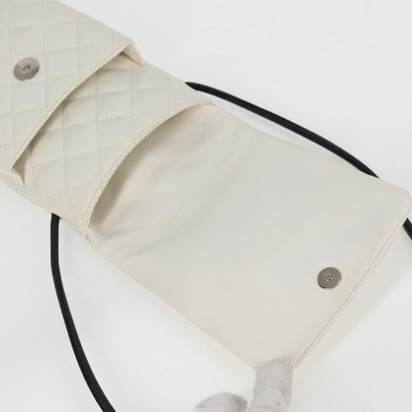 CHANEL Cambon Line Shoulder Bag Lamb Skin White Silver CC Auth 133269V