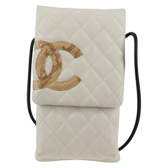 CHANEL Cambon Line Shoulder Bag Lamb Skin White Silver CC Auth 133269V