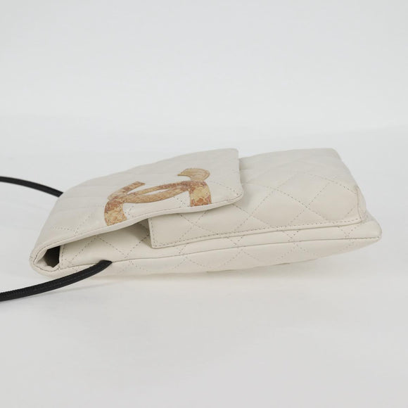 CHANEL Cambon Line Shoulder Bag Lamb Skin White Silver CC Auth 133269V