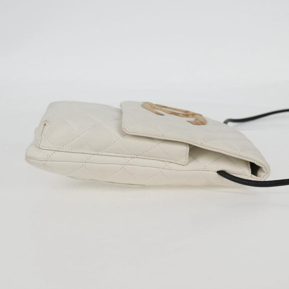 CHANEL Cambon Line Shoulder Bag Lamb Skin White Silver CC Auth 133269V