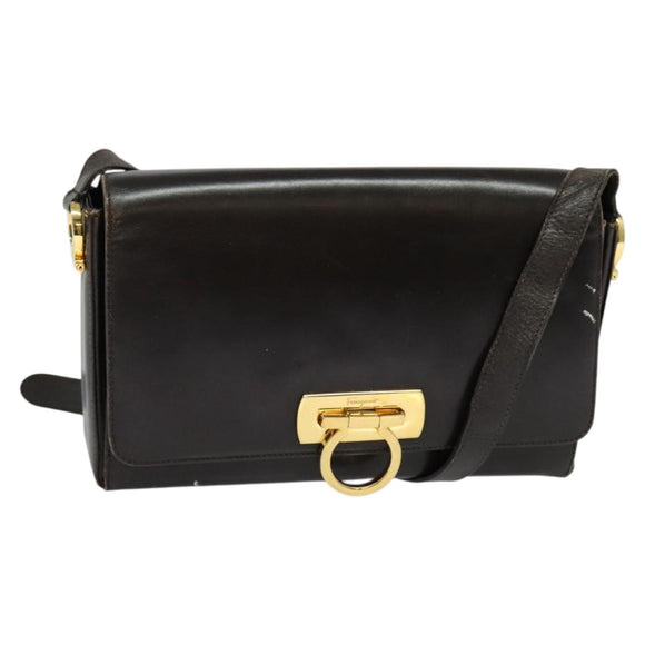 Salvatore Ferragamo Gancini Shoulder Bag Leather Brown Gold Auth 133270