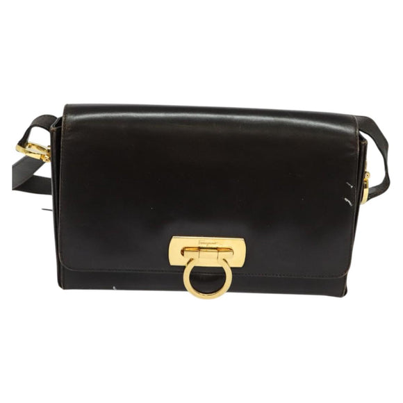 Salvatore Ferragamo Gancini Shoulder Bag Leather Brown Gold Auth 133270
