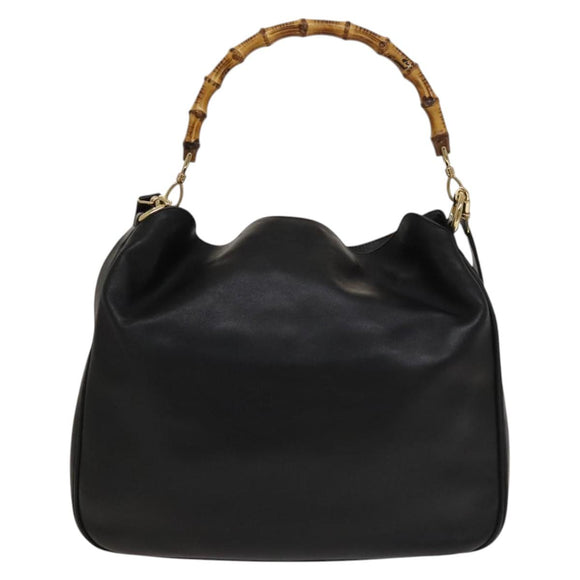GUCCI Bamboo Hand Bag Leather 2way Black Gold 001 1577 Auth 133277