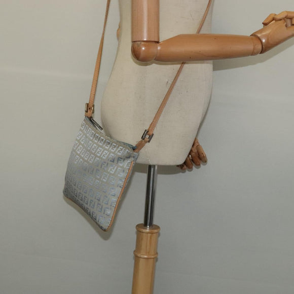 FENDI Zucchino Canvas Shoulder Bag Light Blue Silver Auth 133278