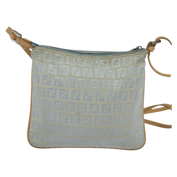 FENDI Zucchino Canvas Shoulder Bag Light Blue Silver Auth 133278
