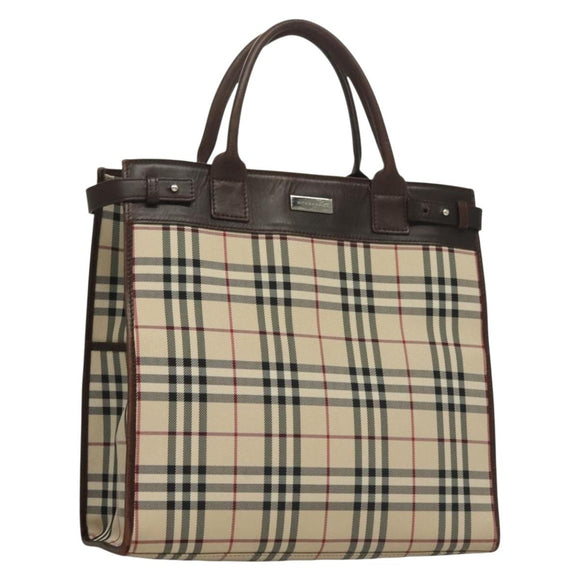 BURBERRY Nova Check Hand Bag Canvas Beige Silver Auth 133280
