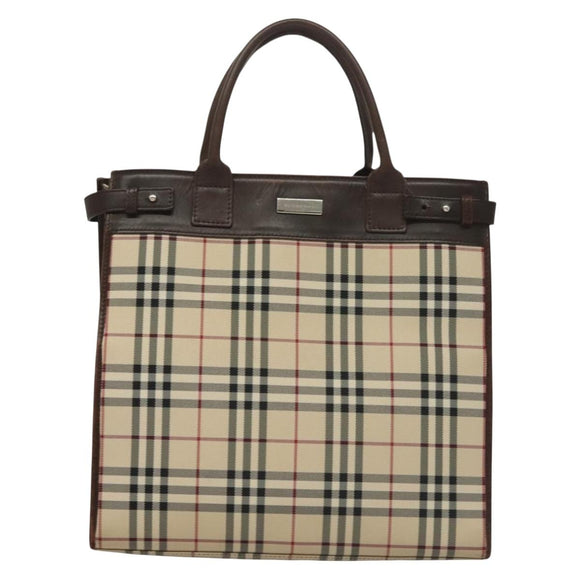 BURBERRY Nova Check Hand Bag Canvas Beige Silver Auth 133280