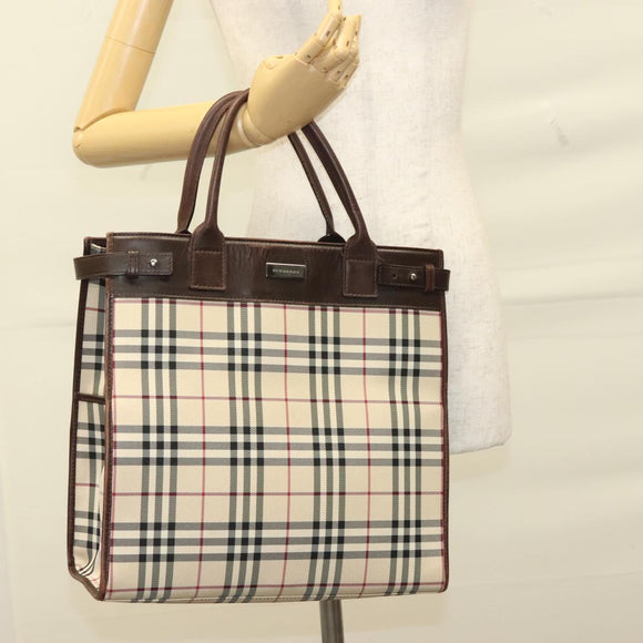 BURBERRY Nova Check Hand Bag Canvas Beige Silver Auth 133280