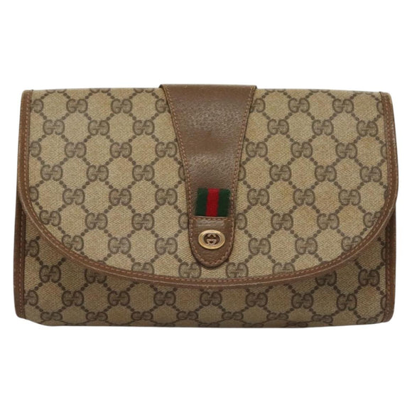 GUCCI GG Supreme Web Sherry Line Clutch Bag PVC Beige Gold 89 01 030 Auth 133336