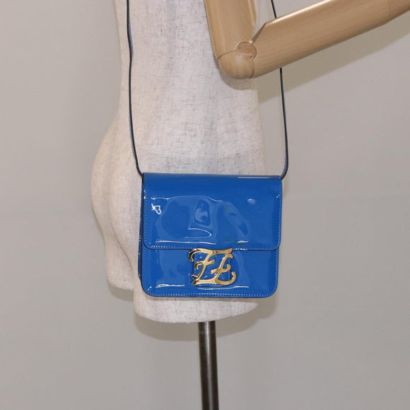 FENDI Curligraphy Shoulder Bag Patent leather Blue Auth 133349