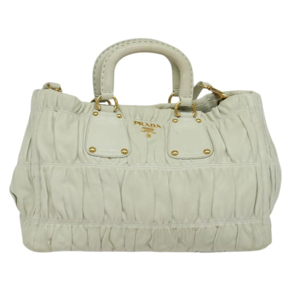 PRADA Hand Bag Leather 2way White Gold Auth 133371