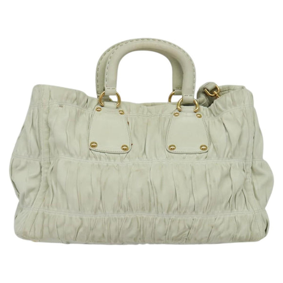 PRADA Hand Bag Leather 2way White Gold Auth 133371