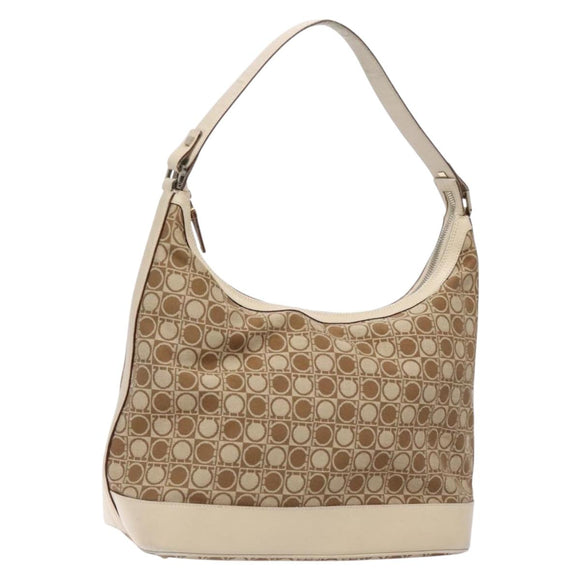 Salvatore Ferragamo Gancini Shoulder Bag Canvas Beige Gold Auth 133373