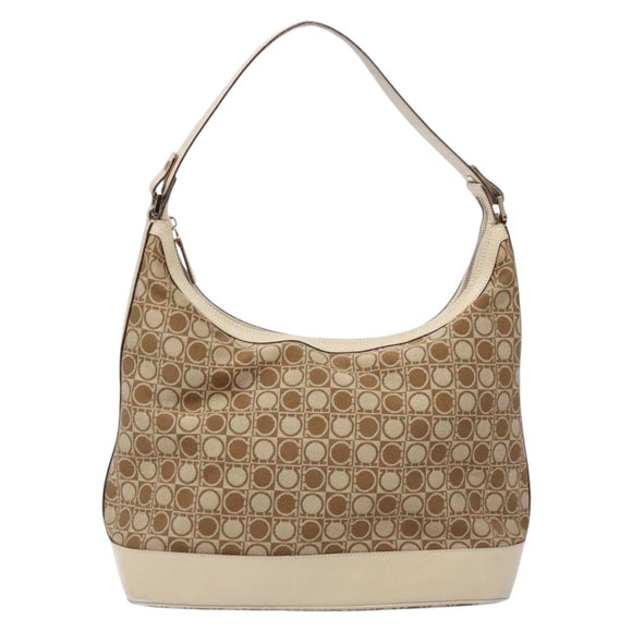 Salvatore Ferragamo Gancini Shoulder Bag Canvas Beige Gold Auth 133373
