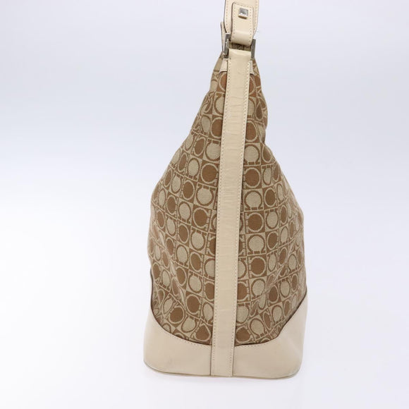 Salvatore Ferragamo Gancini Shoulder Bag Canvas Beige Gold Auth 133373