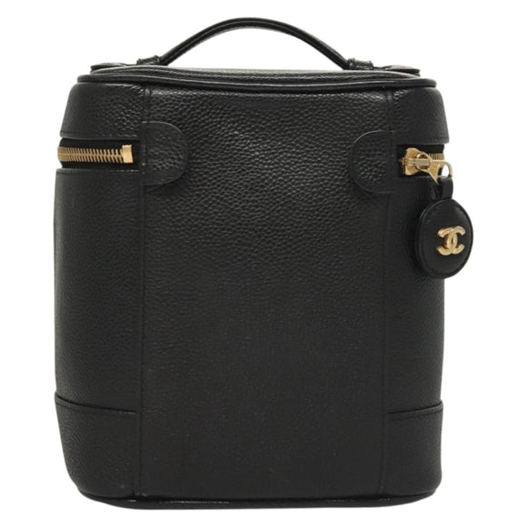 CHANEL COCO Mark Vanity Pouch Caviar Skin Black Gold CC Auth 133374