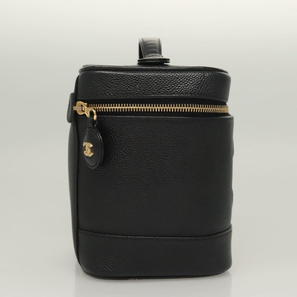 CHANEL COCO Mark Vanity Pouch Caviar Skin Black Gold CC Auth 133374