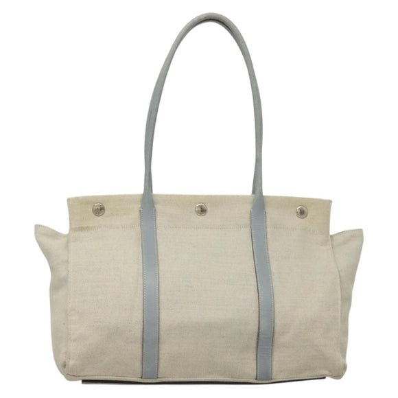 PRADA Tote Bag Canvas Beige Silver Auth 133386
