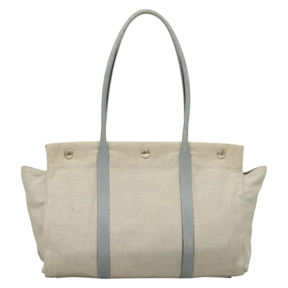 PRADA Tote Bag Canvas Beige Silver Auth 133386