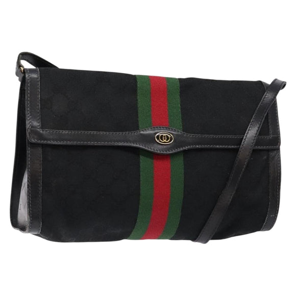 GUCCI Web Sherry Line GG Canvas Shoulder Bag Black Gold 37 04 3657 Auth 133392
