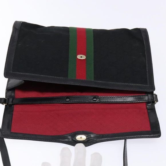 GUCCI Web Sherry Line GG Canvas Shoulder Bag Black Gold 37 04 3657 Auth 133392