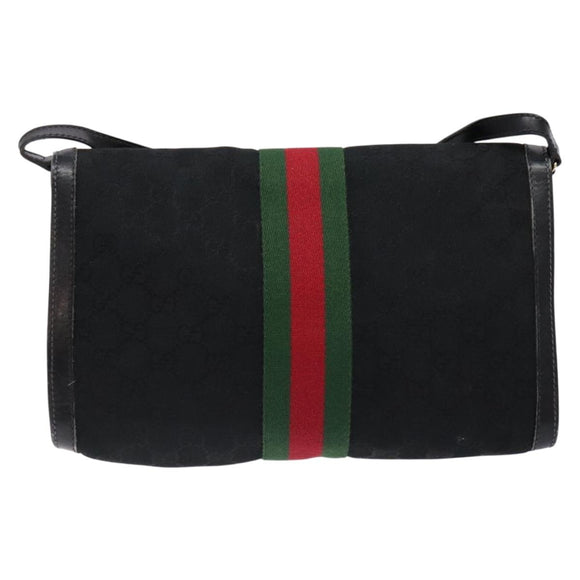 GUCCI Web Sherry Line GG Canvas Shoulder Bag Black Gold 37 04 3657 Auth 133392