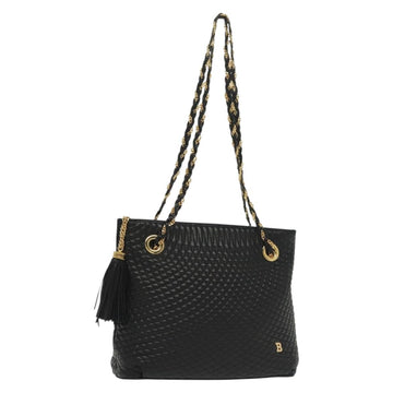 BALLY Quilted Chain Shoulder Bag Leather Black Gold Auth 133395