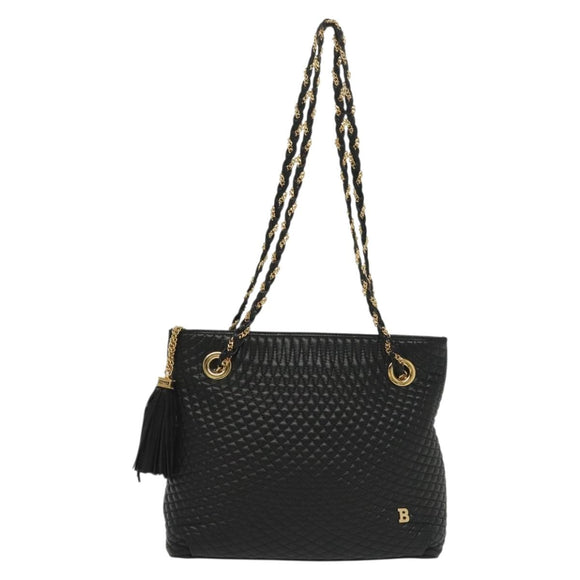 BALLY Quilted Chain Shoulder Bag Leather Black Gold Auth 133395