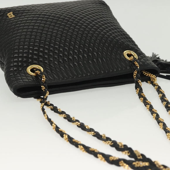 BALLY Quilted Chain Shoulder Bag Leather Black Gold Auth 133395