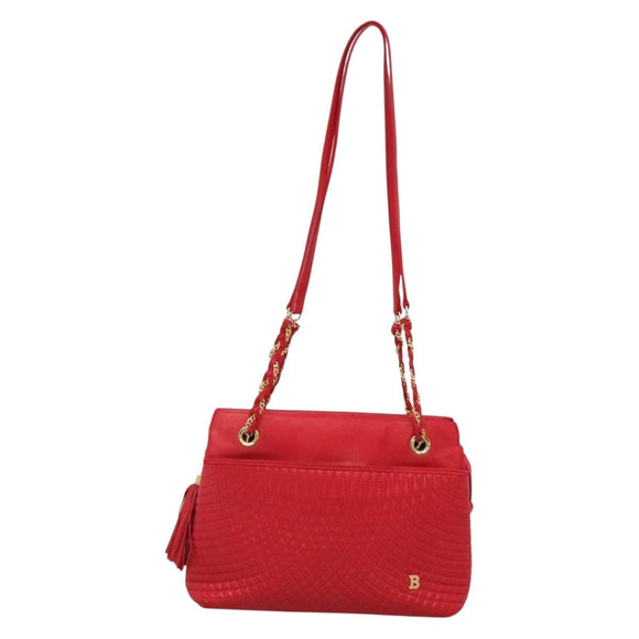 BALLY Quilted Chain Shoulder Bag Leather Red Gold Auth 133396
