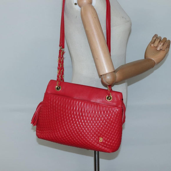 BALLY Quilted Chain Shoulder Bag Leather Red Gold Auth 133396