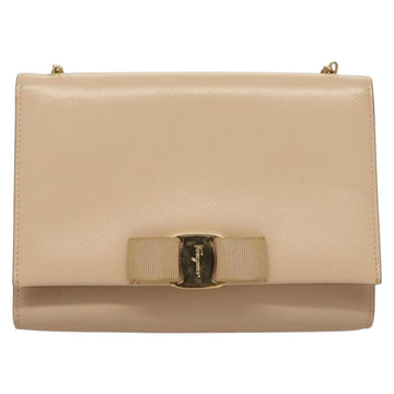 Salvatore Ferragamo Chain Vala Shoulder Bag Leather Beige Gold Auth 133406 - 0