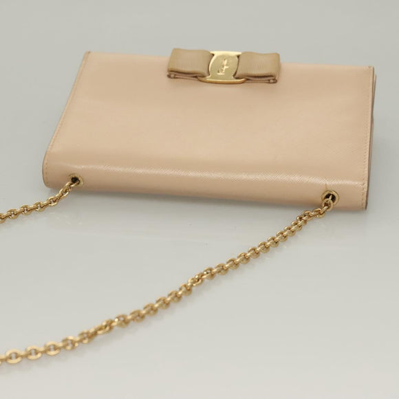 Salvatore Ferragamo Chain Vala Shoulder Bag Leather Beige Gold Auth 133406