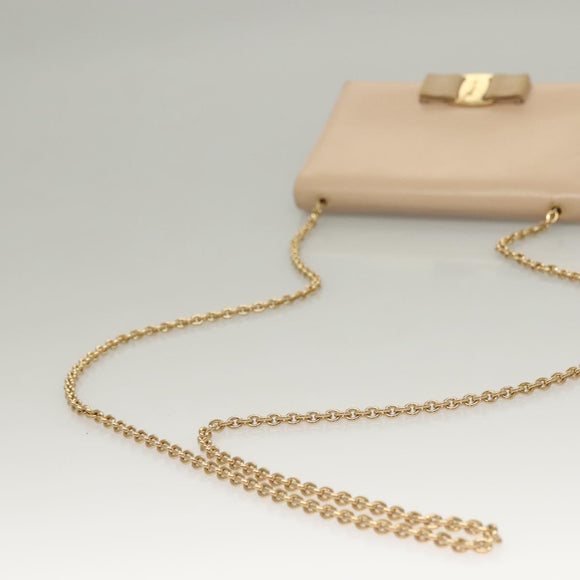 Salvatore Ferragamo Chain Vala Shoulder Bag Leather Beige Gold Auth 133406