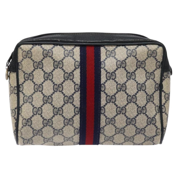 GUCCI GG Supreme Sherry Line Clutch Bag PVC Navy Gold Red Auth 133416