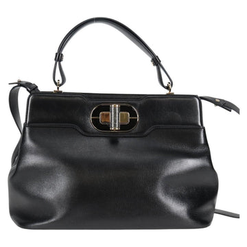 BVLGARI Hand Bag Leather 2way Black Gold Auth 133425 - 0