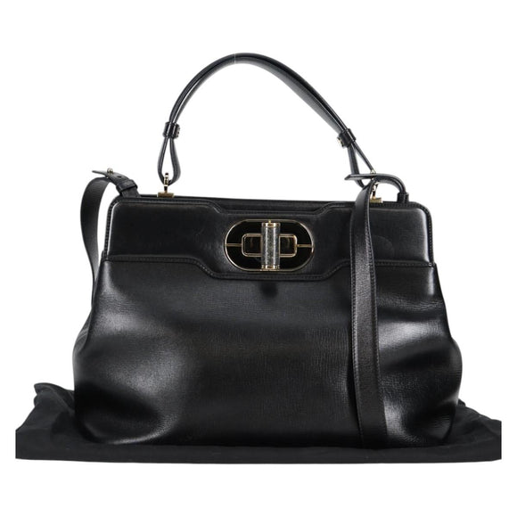 BVLGARI Hand Bag Leather 2way Black Gold Auth 133425